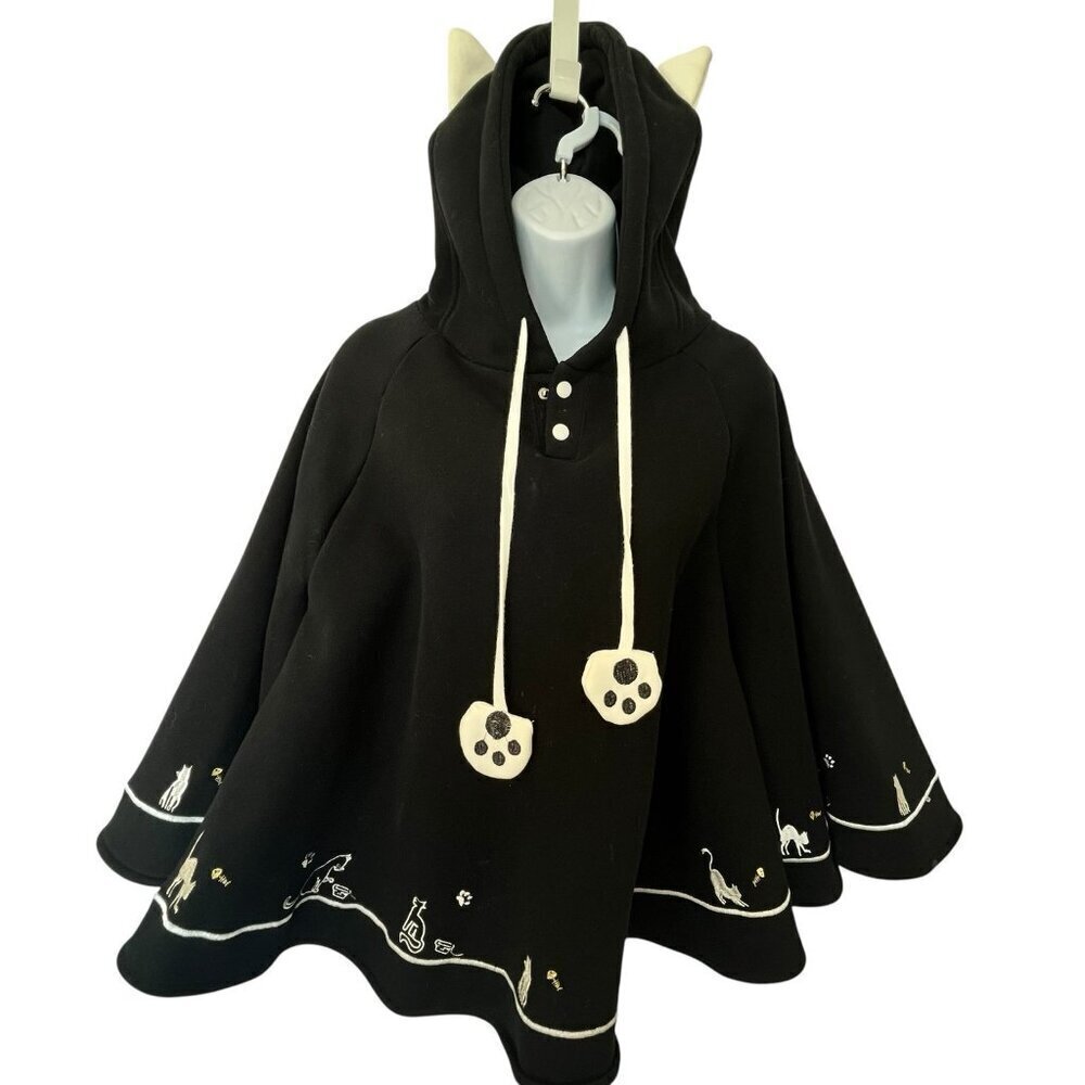Hooded Cloak Cape Kawaii Poncho Cat Ears Paws Hoodie Black White Fleece One Size